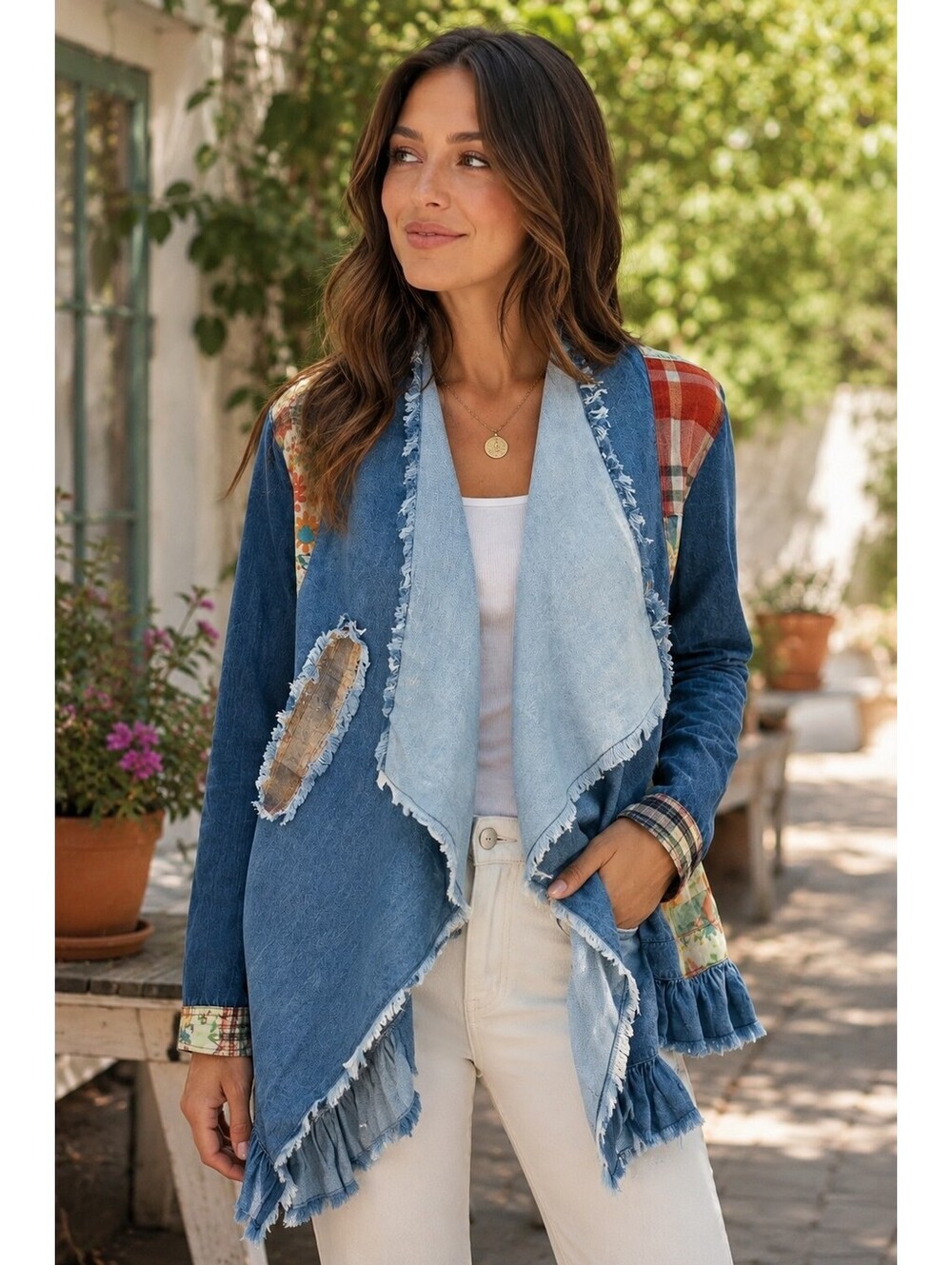 YOUNG THREADS Denim Patchwork Boho Shrug Jacket Ruffle NWT Small - Picture 3 of 5